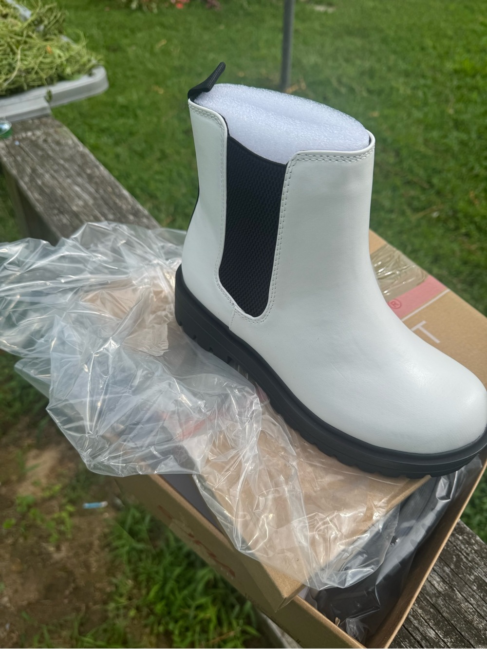 Women’s White Chelsea Ankle Boot with Black Elastic Panel